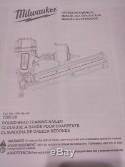 Milwaukee Round Head Framing Nailer 7200-20 with UserManual & 1/4 NPT Air Fitting