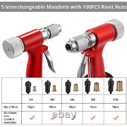 Pneumatic Air Hydraulic Pop Rivet Gun Riveter Riveting Tool with 100Pcs Rivet Nut