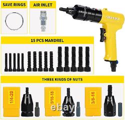 Riveter Kit Pneumatic Air Riveting Tool Gun 1/4, 5/16, 3/8 Nut Head Quick Change